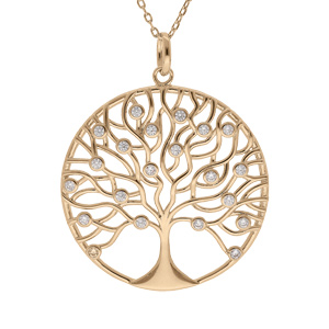 Collier en plaqué or chaîne avec pendentif arbre de vie sinueux 30mm et oxydes blancs sertis 42+3cm