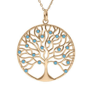 Collier en plaqué or chaîne avec pendentif arbre de vie sinueux 30mm et oxydes sertis couleur turquoise 42+3cm