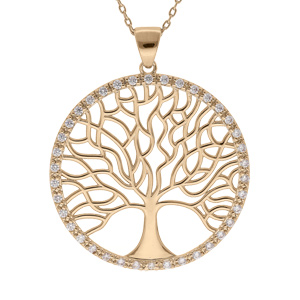 Collier en plaqué or chaîne avec pendentif arbre de vie 30mm contour rond pavé d'oxydes blancs serti