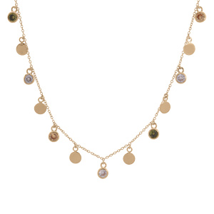 Collier en plaqué or avec pampilles lisses rondes et oxydes multi couleurs sertis 40+5cm