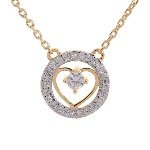 Collier en plaqué or chaîne avec pendentif cercle contour oxydes blancs sertis et coeur 42+3cm