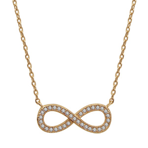 Collier en plaqué or chaîne avec pendentif symbole infini orné d'oxydes blancs au milieu - longueur 