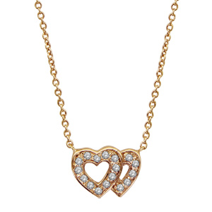 Collier en plaqué or chaîne avec pendentif 2 coeurs superposés évidés et ornés d’oxydes blancs sertis – longueur 40cm + 4cm de rallonge