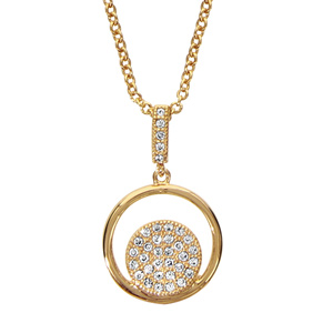 Collier en plaqué or chaîne avec pendentif anneau avec rond pavé d’oxydes blancs sertis à l’intérieur et bélière ornée d’oxydes blancs – longueur 40cm + 4cm de rallonge