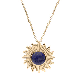 Collier en plaqué or chaîne avec pendentif soleil et pierre Lapis Lazuli véritable 42+3cm