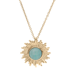 Collier en plaqué or chaîne avec pendentif soleil et pierre Amazonite véritable 42+3cm