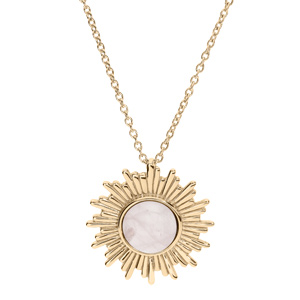 Collier en plaqué or chaîne avec pendentif soleil et pierre Quartz rose véritable 42+3cm