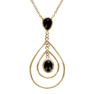 Collier en plaqué or chaîne avec pendentif oxyde noir retenant 2 gouttes en fil suspendues et oxyde ovale noir suspendu au milieu – longueur 40cm + 4cm de rallonge