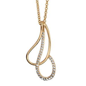 Collier en palqué or chaîne avec pendentif 2 gouttes évidées et croisées, 1 lisse et l’autre ornée d’oxydes blancs sertis – longueur 40cm + 4cm de rallonge