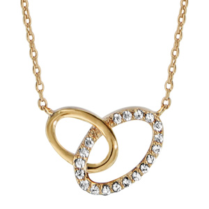 Collier en plaqué or chaîne avec pendentif 2 anneaux ovales de taille différente emmaillés, 1 petit lisse et le gros orné d’oxydes blancs sertis – longueur 40cm + 4cm de rallonge