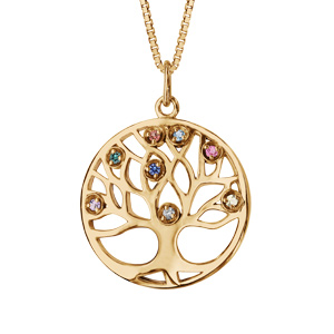 Collier en plaqué or chaîne avec pendentif rond arbre de vie pierres multi couleurs 42+3cm