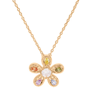 Collier en plaqué or chaîne avec pendentif fleur oxydes multi couleur 38,5+4cm