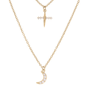 Collier en plaqué or 2 rangs chaîne avec pendentif croix et lune pavée d'oxydes blancs sertis 33+5cm