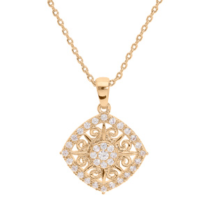 Collier en plaqué or chaîne avec pendentif carré finement travaillé et oxydes blancs sertis 39+5cm