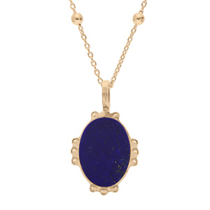 Collier en plaqué or chaîne avec médaille ovale 14mm contour perlée et coeur en pierre naturelle Lapis Lazulli 38+5cm
