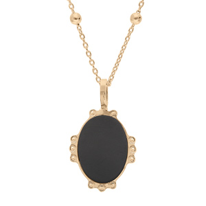 Collier en plaqué or médaille médaille ovale 14mm contour perlée et coeur en pierre naturelle Agate noire 38+5cm