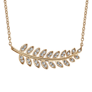Collier en plaqué or chaîne avec pendentif 1 feuille de frêne ornée d'oxydes blancs sertis - longueu