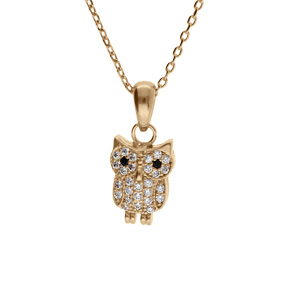 Collier en plaqué or pendentif hibou – chouette oxydes blancs sertis 42+3cm