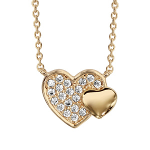 Collier en plaqué or chaîne avec pendentif 2 coeurs superposés, 1 petit lisse et l’autre pavé d’oxydes blancs sertis – longueur 40cm + 4cm de rallonge