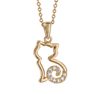 Collier en plaqué or chaîne avec pendentif chat ajouré stylisé avec queue ornée d’oxydes blancs – longueur 40cm + 4cm de rallonge