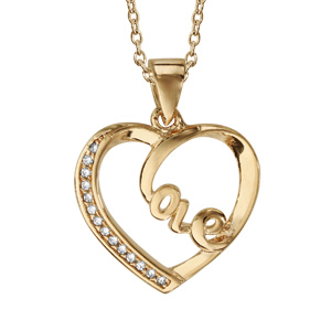 Collier en plaqué or chaîne avec pendentif coeur évidé avec boucle Love à l'intérieur et oxydes blan