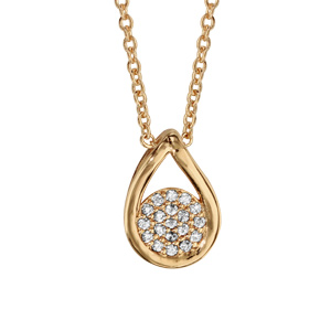 Collier en plaqué or chaîne avec pendentif goutte évidée avec rond pavé d’oxydes blancs à l’intérieur – longueur 40cm + 4cm de rallonge