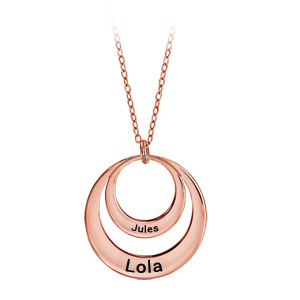 Collier en plaqué or rose chaîne avec pendentif 2 anneaux pour prénoms à graver – longueur 40cm + 5cm de rallonge