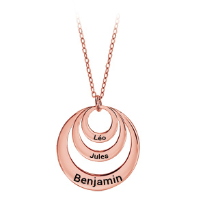 Collier en plaqué or rose chaîne avec pendentif 3 anneaux prénom à graver – longueur 40cm + 5cm de rallonge
