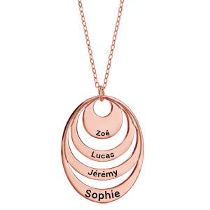 Collier en plaqué or rose chaîne avec pendentif 4 anneaux 4 prénoms à graver – longueur 40cm + 5cm de rallonge