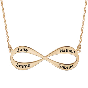 Collier en plaqué or chaîne avec pendentif infini à graver 3 ou 4 prénoms – longueur 40cm + 5cm de rallonge