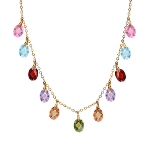 Collier en plaqué or pampilles gouttes multicolores 42cm + 3cm