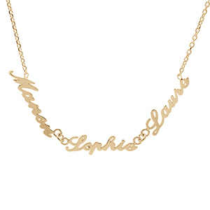 Collier en plaqué or chaîne maille forçat avec découpe anglaise 3 prénoms – longueur 40cm + 3cm de rallonge