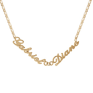 Collier en plaqué or chaîne mailles 1+1 largeur 2mm avec découpe anglaise 2 prénoms – longueur 40cm + 3cm de rallonge