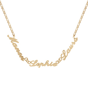Collier en plaqué or chaîne mailles 1+1 largeur 2mm avec découpe anglaise 3 prénoms - longueur 40cm 