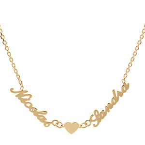 Collier en plaqué or chaîne maille forçat avec découpe anglaise 2 prénoms séparés par un coeur – longueur 40cm + 3cm de rallonge