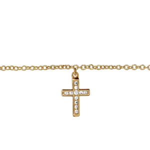 chaîne de cheville en plaqué or avec pampille croix chrétienne ornée d'oxydes blancs sertis - longueur 23cm + 2cm de rallonge