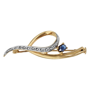 Broche en plaqué or ruban enroulé avec 1 extrémité ornée d'oxydes blancs et 1 oxydes bleu foncé oval