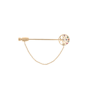 Broche en plaqué or fibule tête arbre de vie et oxydes multi couleurs sertis