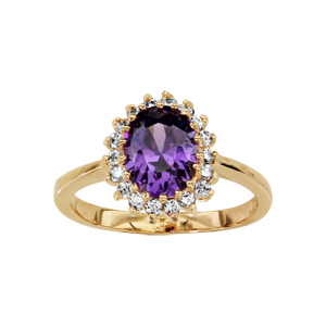 Bague en plaqué or collection joaillerie forme ovale oxyde violet et contour oxydes blancs sertis
