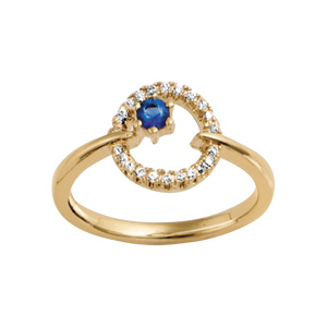 Bague en plaqué or collection joaillerie ronde 1 verre bleu foncé contour oxydes blancs sertis