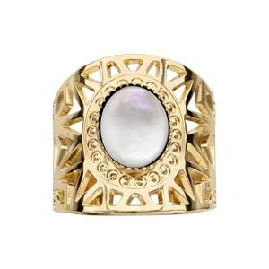 Bague en plaqué or et pierre large aztèque Nacre blanche véritable