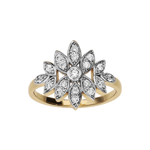 Bague en plaqué or fleur ornée d’oxydes blancs sertis
