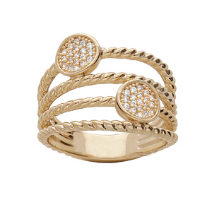 Bague en plaqué or multi fils torsade et pastilles oxydes blancs sertis