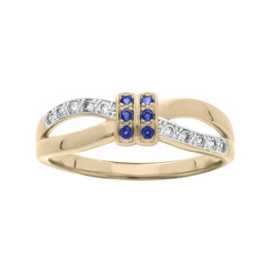 Bague en plaqué or boucle croisée et oxydes bleus et blancs sertis
