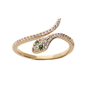 Bague en plaqué or serpent pavé d'oxydes blancs et verts sertis
