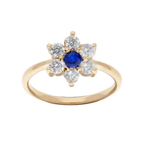 Bague en plaqué or marguerite avec oxyde bleu foncé et contour blancs sertis