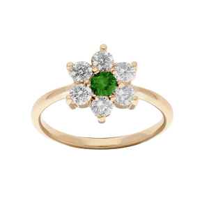 Bague en plaqué or marguerite avec oxyde vert et contour blancs sertis