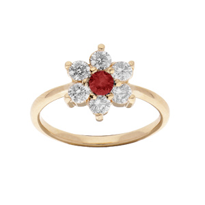Bague en plaqué or marguerite avec oxyde rouge et contour blancs sertis