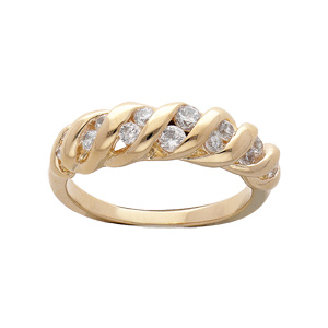 Bague en plaqué or bombée torsade avec oxydes blancs sertis
