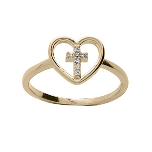 Bague en plaqué or motif coeur avec croix oxydes blancs sertis